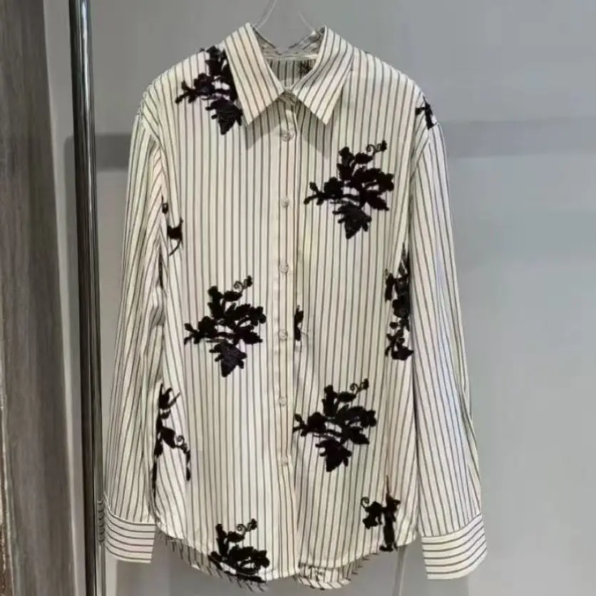 

Luxury Design Flowers Sequins Embroidery Stripe Blouses Shirts Women 2025 Autumn Full Sleeve Tops Camisas De Mujer Woman Clothes