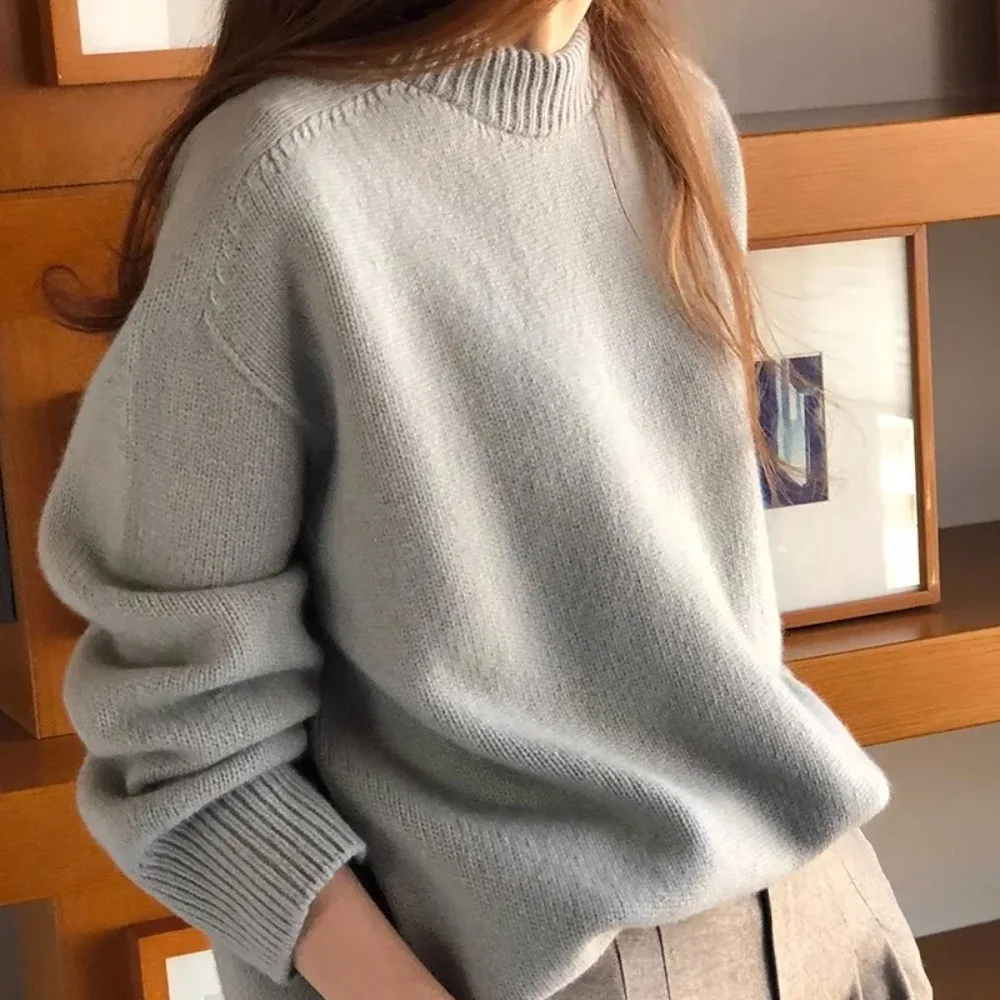 Women Knitted Sweaters Round Neck Loose Long Sleeve Knit Sweater Elegant Solid Outwear Pullover Splice Autumn Winter 2024