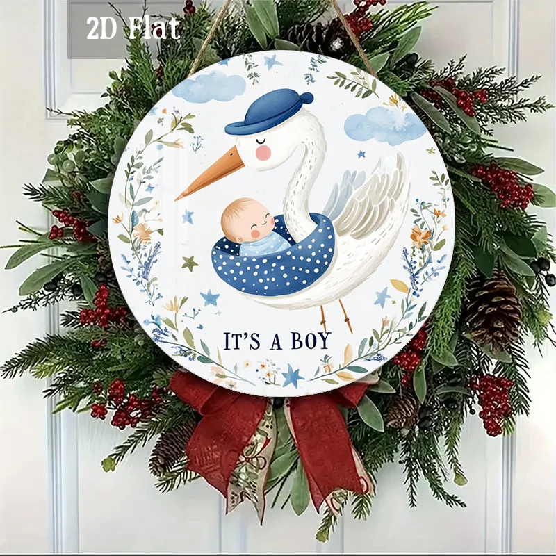 2D Flat, 1pc Stork Baby Round Wood Panel Painting, Newborn Celebration Wood Panel Painting, Starry Skies Wall Art - Floral Wreat