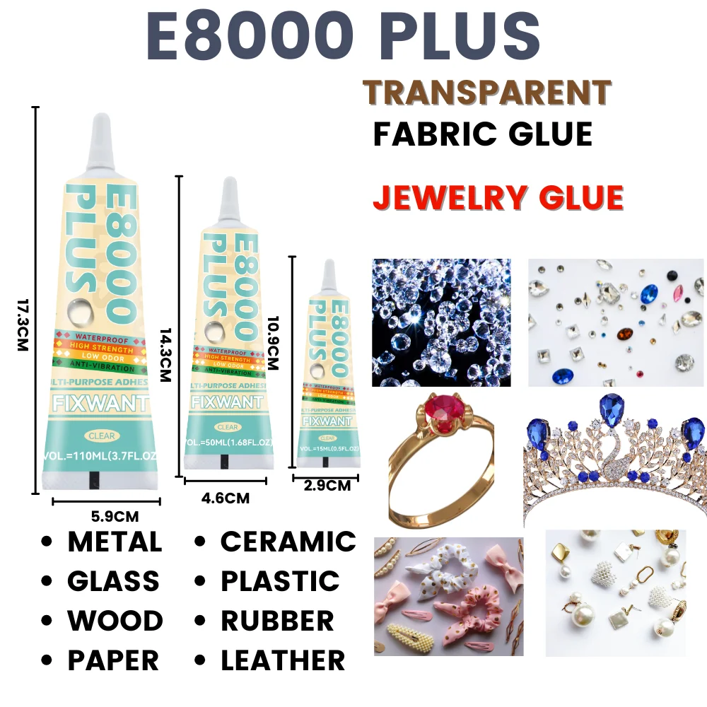 E-8000 Professional Jewelry Adhesive Works On Shoes, Cloth, Fabric, Diamond - E8000 PLUS High Strength, Soft Anti-Vibration Glue