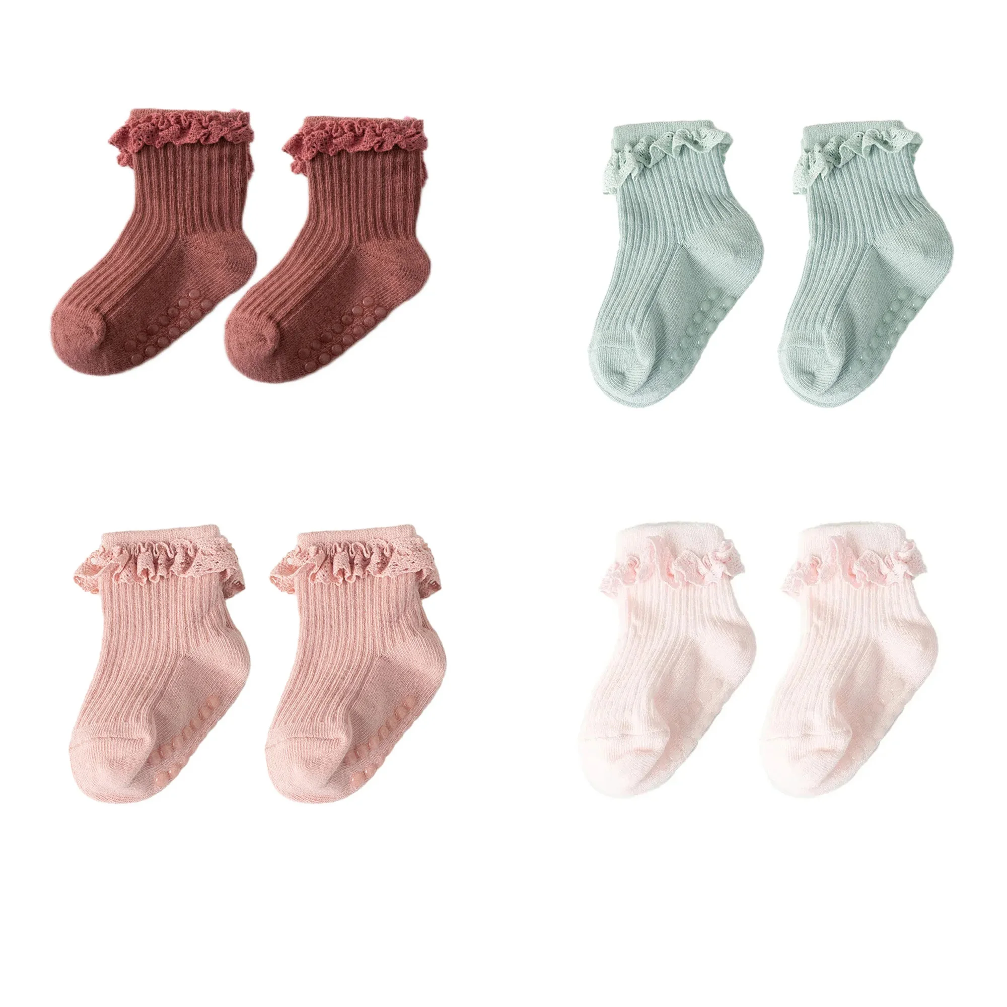 4pairs/lot Lace Ruffle Princess Baby Socks Soft Cotton Breathable Infant Girl Short Sock Rubber Bottom Anti-slip Kids Floor Sock