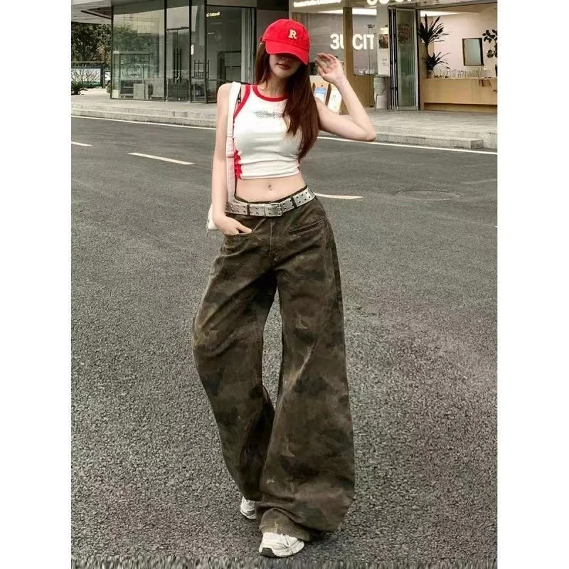 Americano retro camuflagem casual calças de trabalho feminino solto perna larga jeans outono novo sle cintura alta fechamento com zíper