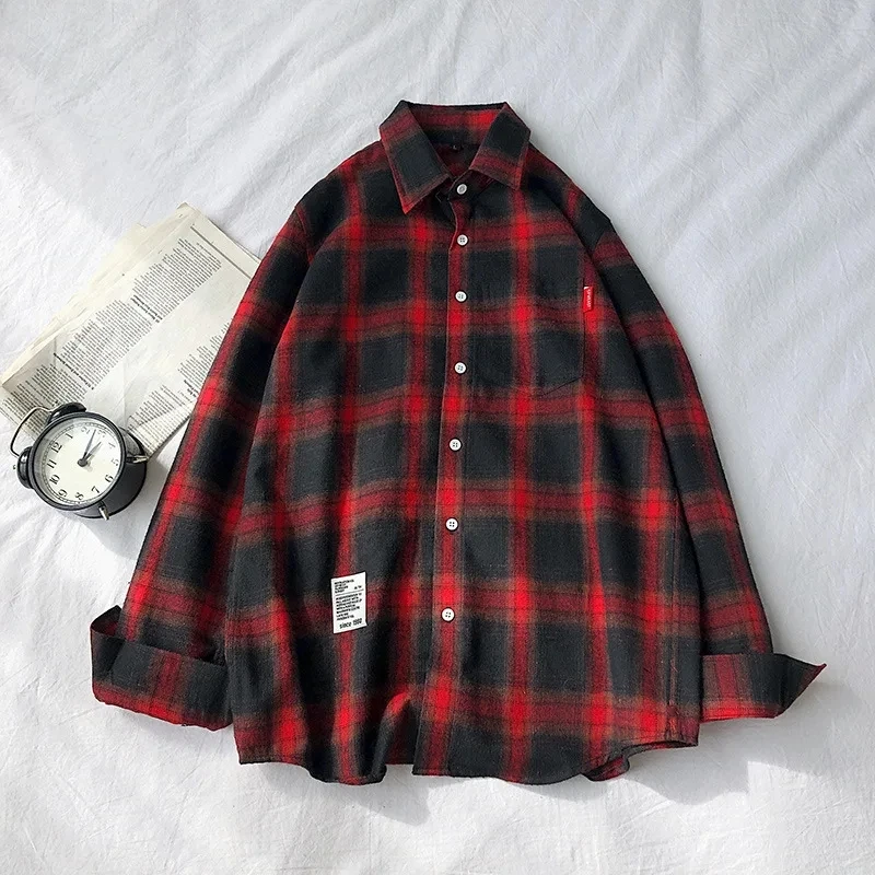 Harajuku Plaid Shirts Men\'s Spring Summer High Quality Casual Flannel Men Oversized Loose Retro Long-sleeved Shirts M-3XL