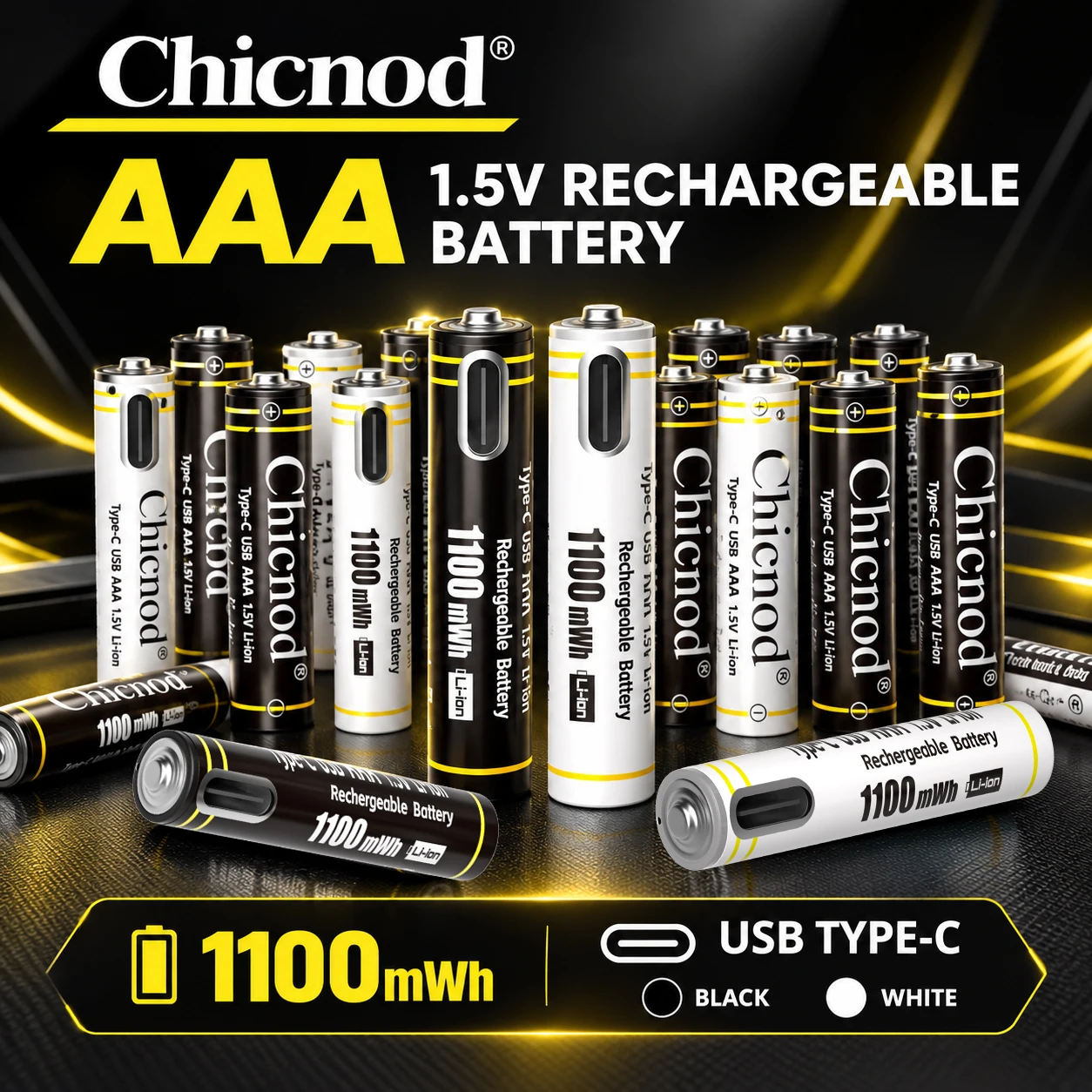CHICNOD AAA 1.5V 1100mWh Rechargeable Li-ion Battery USB Type-C Direct Charging Black White High Capacity Battery for Devices