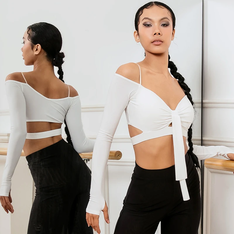 Abbigliamento da ballo latino Top con bretelle con scollo a una linea per donne adulte con protezioni per il petto Tuta da allenamento a maniche lunghe standard nazionale