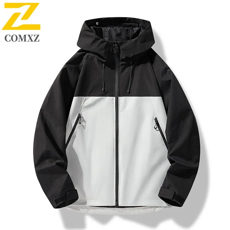 COMXZ Men Hooded Jacket Outdoor Windproof Waterproof Adventure Cycling Hunting Camping Jackets Solid Color Handsome Autumn Coat