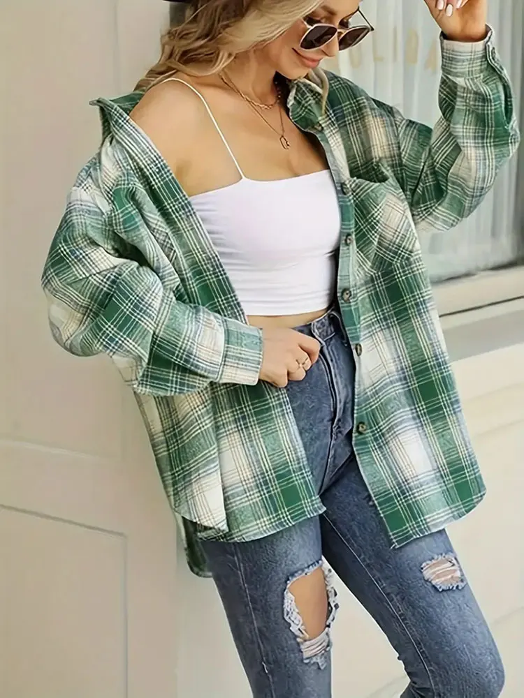 قميص كلاسيكي منقوش بأكمام طويلة مع زر بلوزات نسائية فضفاضة غير رسمية باللون الأخضر الساخن مع جيوب معطف طويل بلوزة نسائية جديدة #3