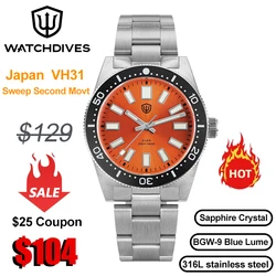Watchdives WD1965 V2 Quartz Watch VH31 Sweep Second Movement Luminous Domed Sapphire 20Bar Waterproof 38mm Vintage 62mas Watches