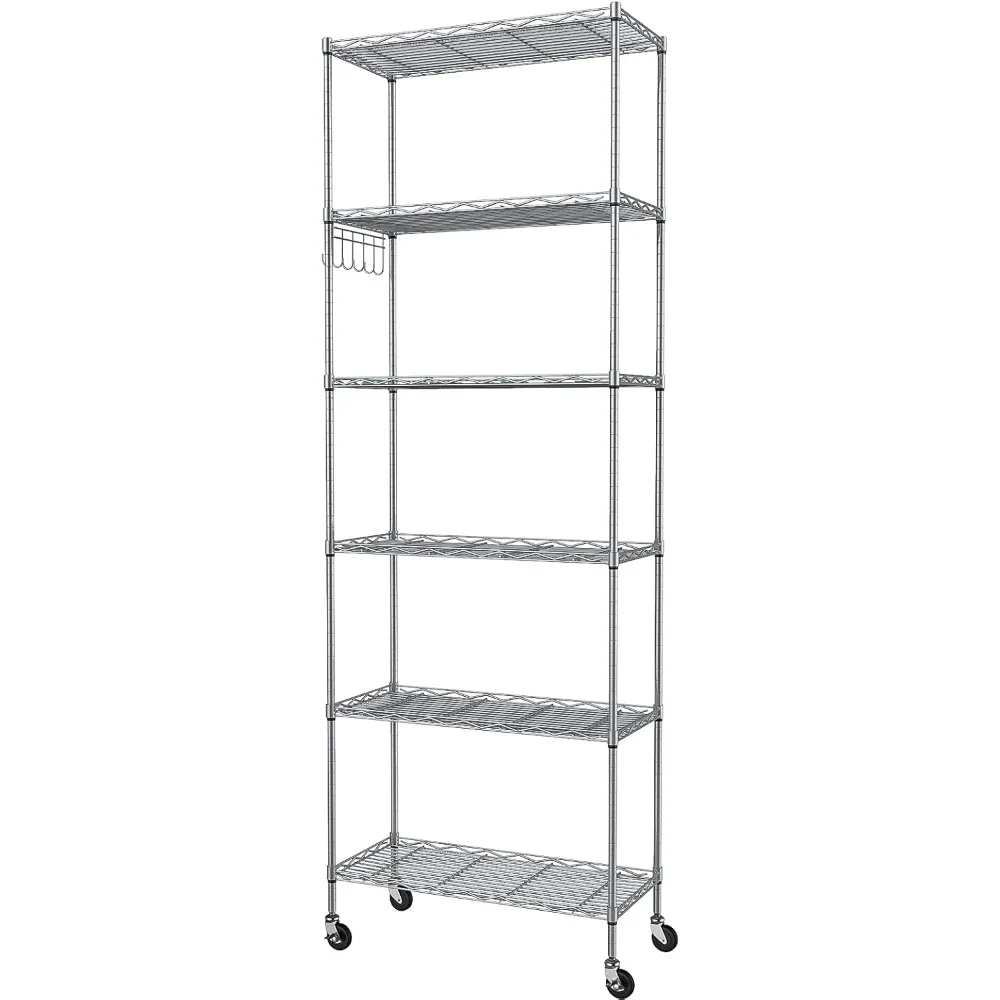 Storage Shelf Wire Shelving Unit Free Standing Rack Organization with Caster Wheels, Stainless Side Hooks, Silver Gray