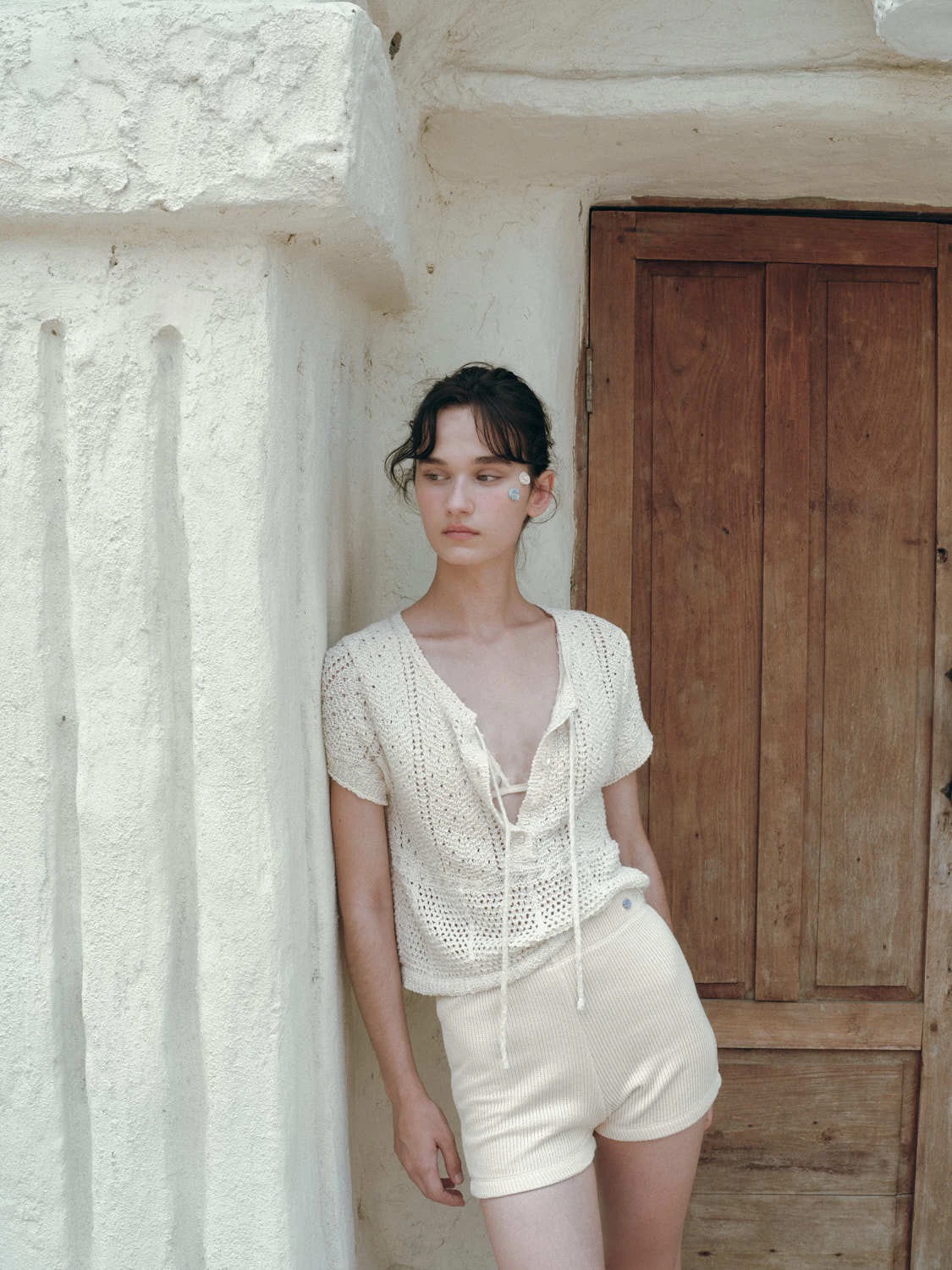 

Вязаный топ из чистого хлопка во французском стиле с поясом, свободный дизайн с вырезами, летнее новое поступление, женская мода