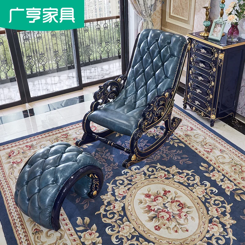 European Style Rocking Chairs Bedroom Balconies Leisure Lunch Solid Wood Carved Leather Recliner Lunch Sleeping Sofa Chairs