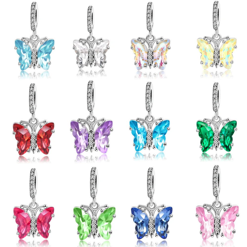 

Fine 925 Sterling Silver Colorful Crystal Murano Glass Butterfly Dangle Charm Fits Original Bracelet & Necklace DIY Girl Jewelry