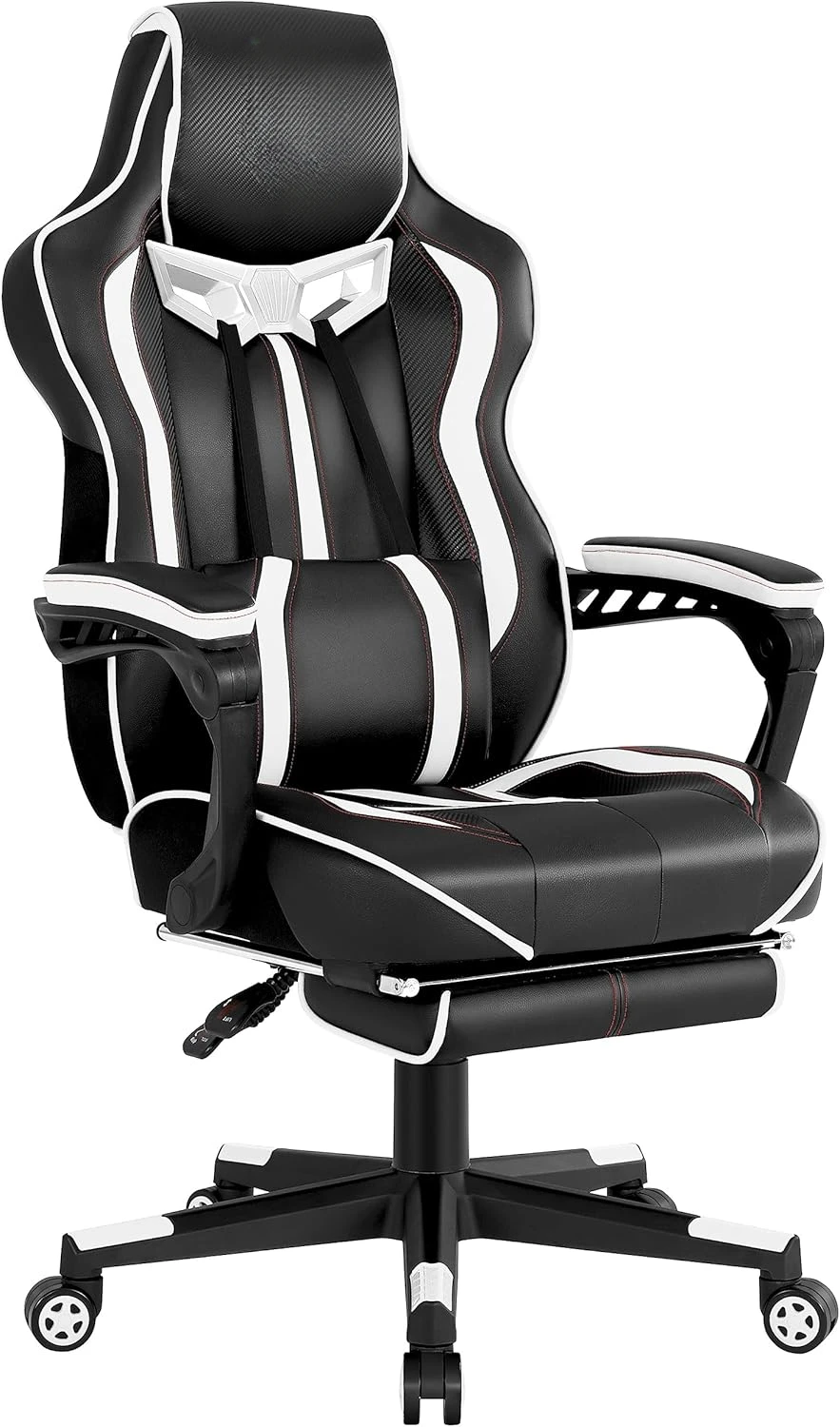 Computer gaming chair with foot pedals, adult tilt, massage function, ergonomic design (white/black)