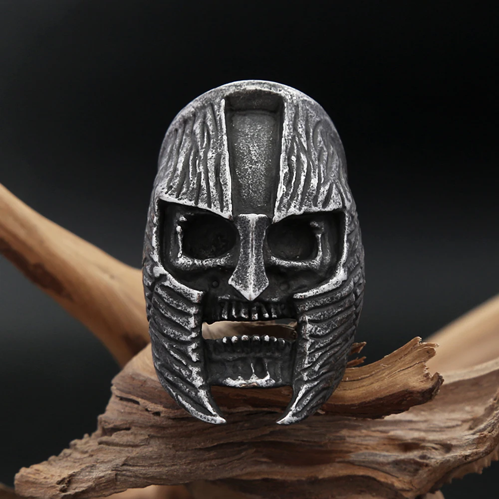 New Gothic Black Helmet Skull Statues Armor Rings For Men Boys Stainless Steel Warrior Skull Ring Biker Jewelry Gifts Wholesale