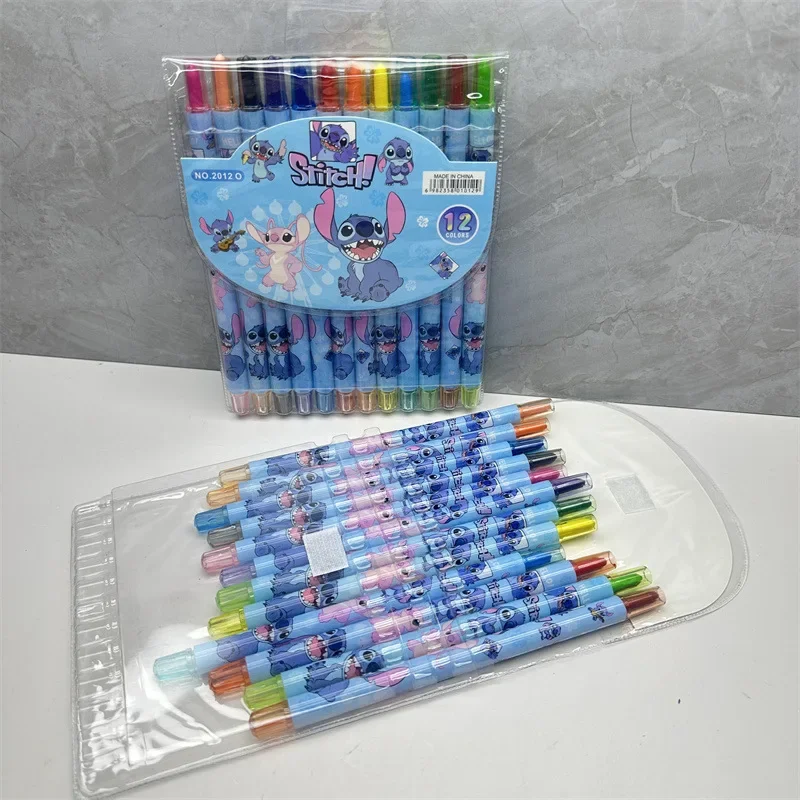 Disney Stitch-tarjeta de crayón de 12 colores con dibujos de Pastel al óleo giratorio, bolígrafos largos para colorear, suministros de clase de pintura para estudiantes, regalo de cumpleaños