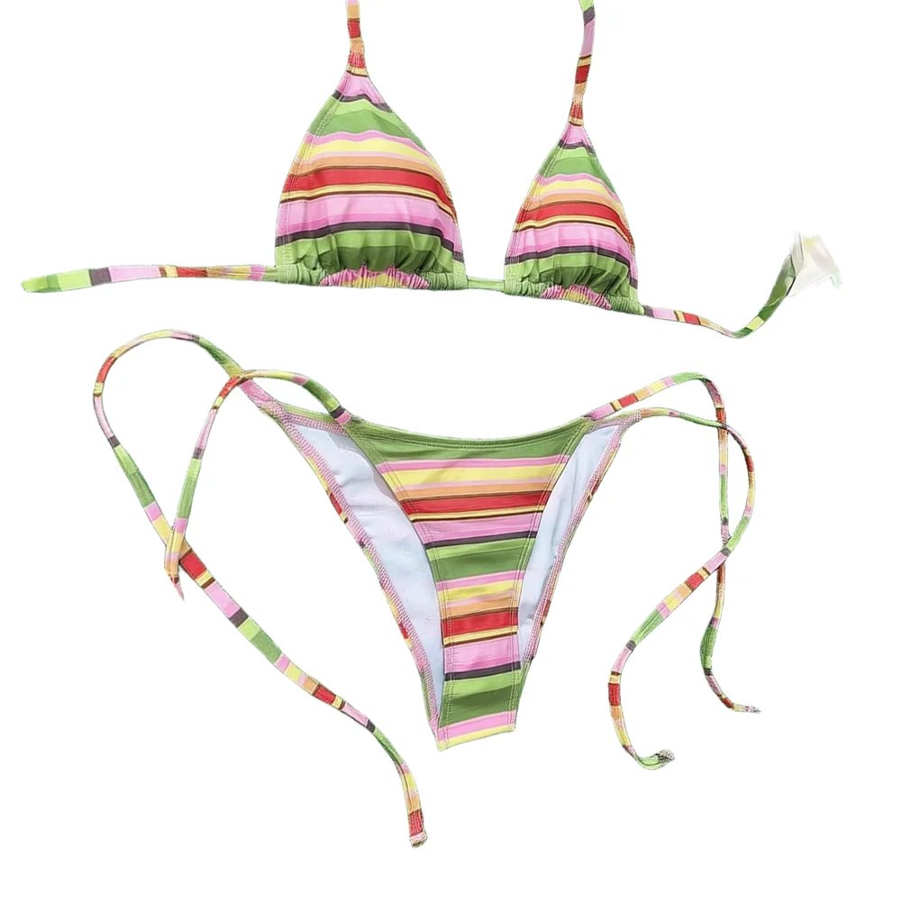 Pink Green Striped Bikini Set Adjustable Two Piece Swimwear For Beach Pool Spa Bathing Suit Women Summer Swimming Wear