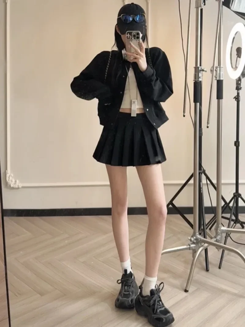 American Fashion Sport Hoodie Coat Pleated Skirt Two-piece Set Women College O-neck Single Breasted Sweet Solid Slim Spring Suit