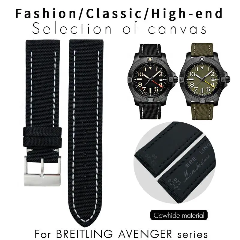 

PCAVO 22mm Green Gray Black Nylon Fabric Watchband For Breitling Strap For NAVITIMER WORLD Avenger/Navitime Wristband