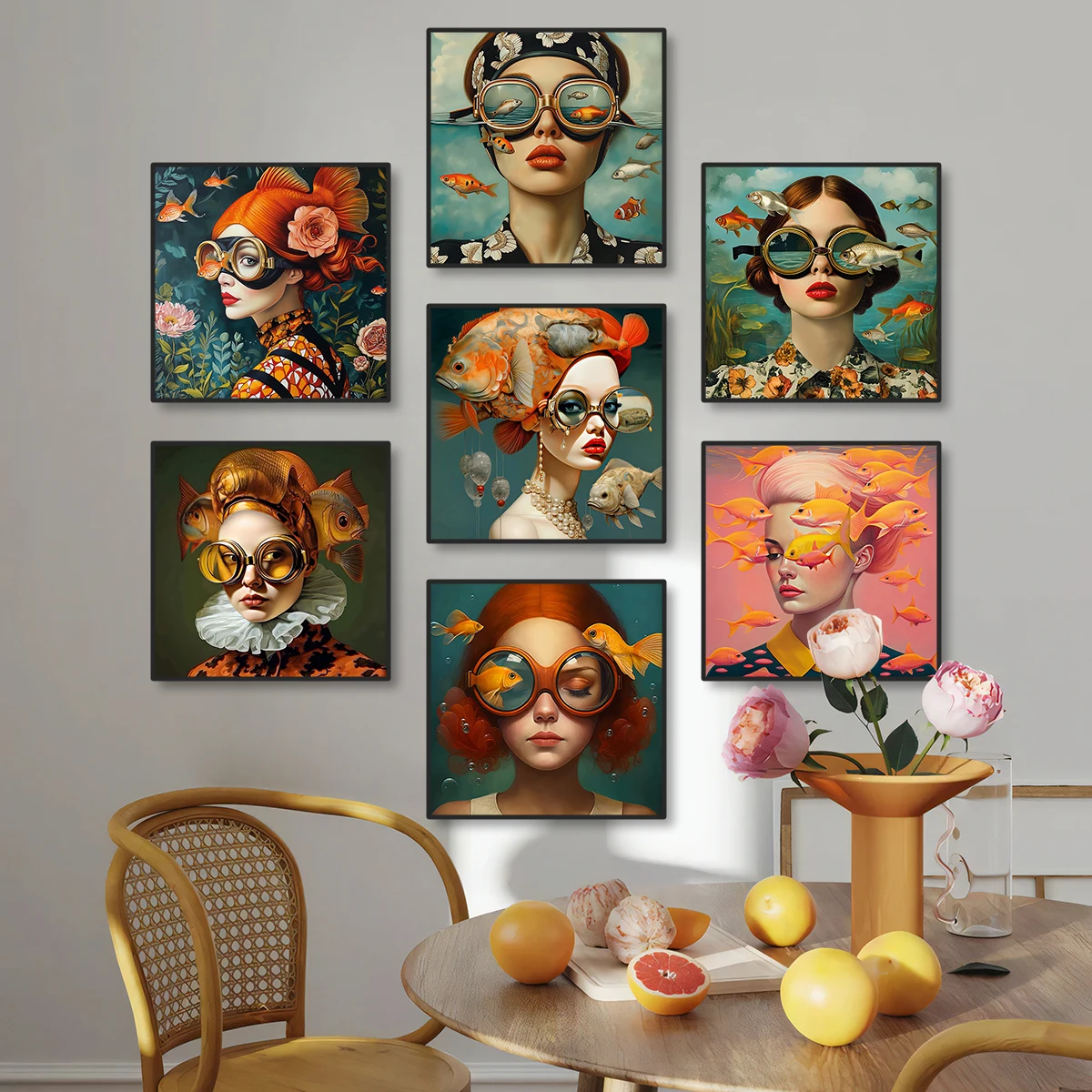 Beautiful ocean underwater girl wearing glasses pattern suitable for living room bedroom study canvas painting literary style
