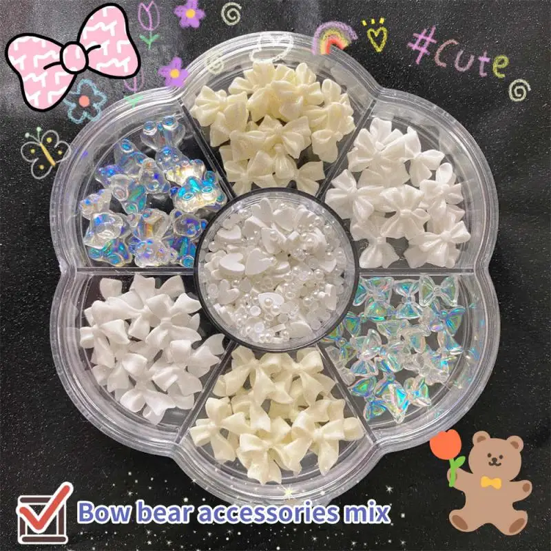 Grid Mixed Bow Manicure Nail Art Decorations Bow Lollipops, Bear Beads, Pearls and 3D Nail Charm Nail Art Accessories