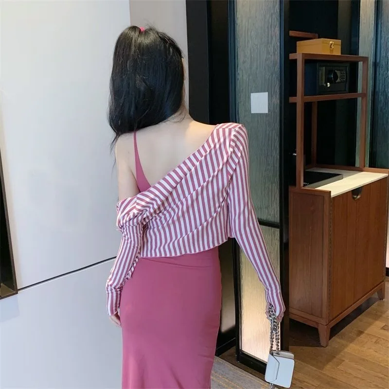 Women Set Two Pieces Striped Long Sleeve Shirt Knee Length Dress Square Neck Off Shoulder Side Slit Slim Korean-style Sexy Chic