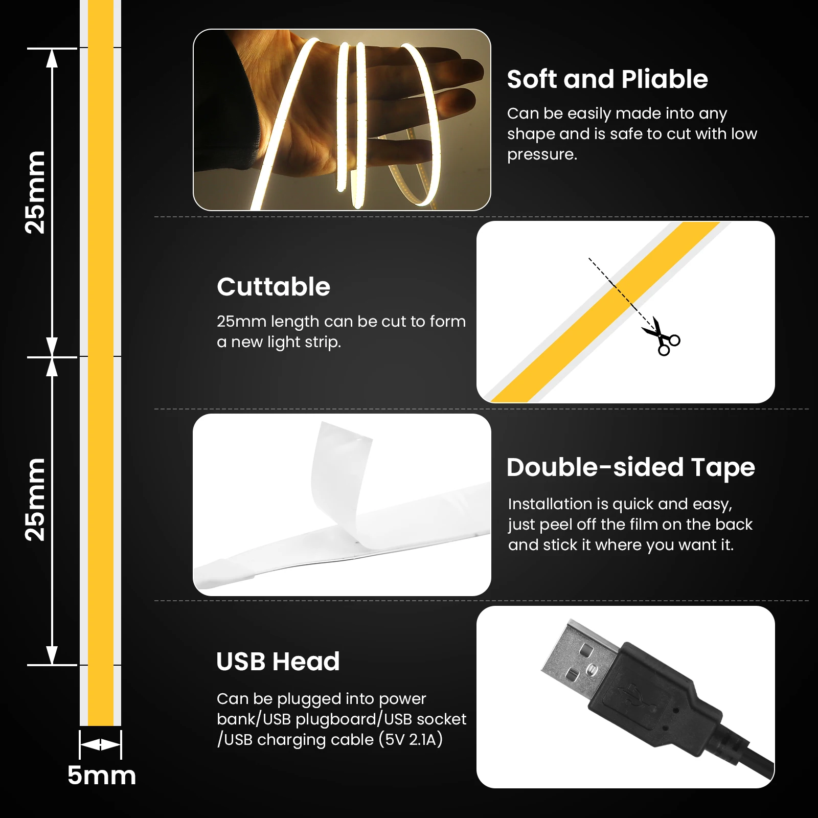 Tira de luces LED COB USB DC5V, cinta Flexible de 3mm, 5mm, 8mm, 320LED/M, FOB, barra de luz LED blanca/roja/Verde/azul hielo/rosa, retroiluminación