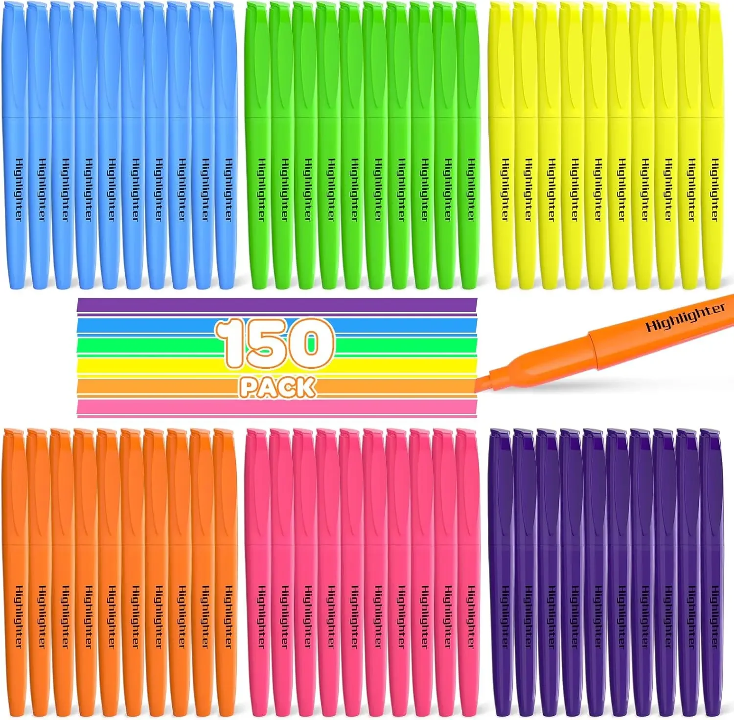 

150 Pack Assorted Color Highlighters, Chisel Tip, No Bleed, Quick-Dry For Office & School