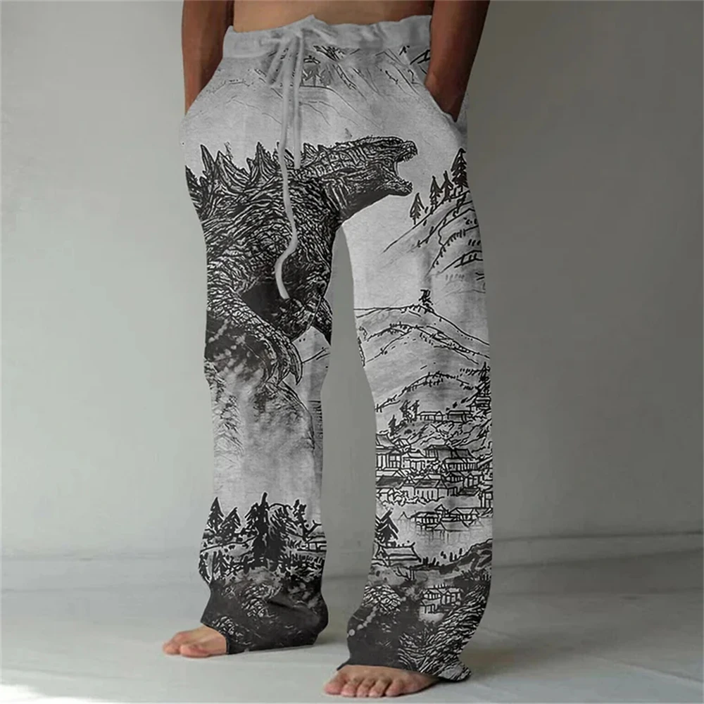 Art jellyfish print linen blend casual pants men's new winter pants Fashion men's loose casual pocket drawstring sweatpants