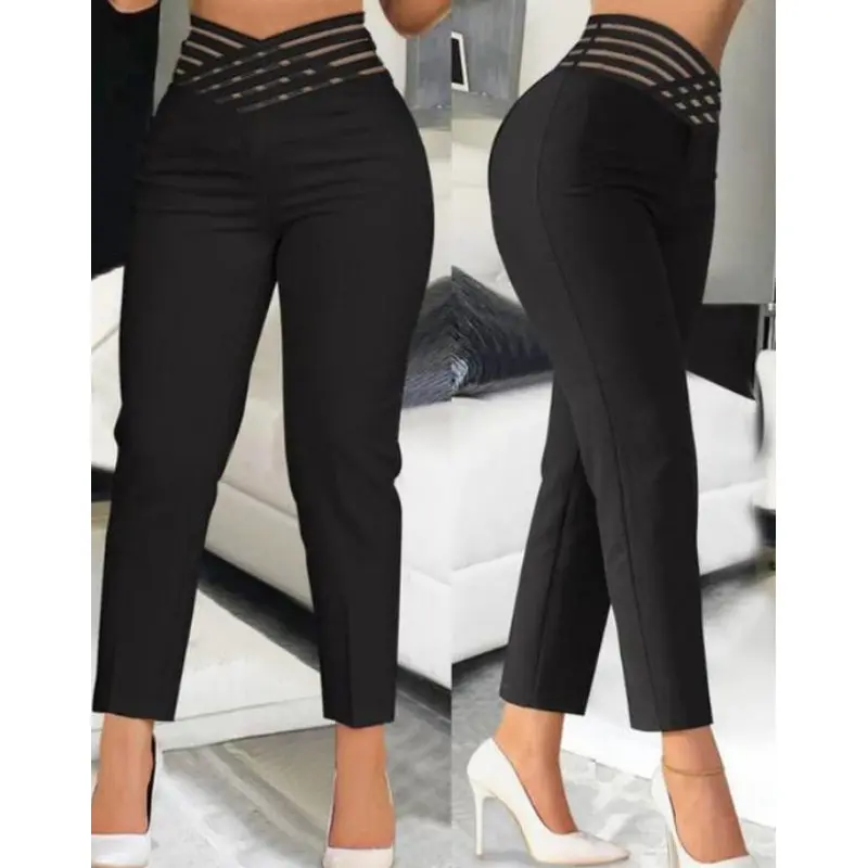 

Openwork Pencil Trousers Cropped Nine-Point Hollow out Waisand Women's Faion Spring Season High Waist Straight Leg Pants