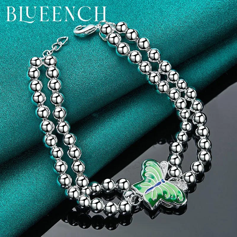 Blueench 925 Sterling Silver Double Layer String Butterfly Pendant Bracelet for Ladies Wedding Party Fashion Temperament Jewelry