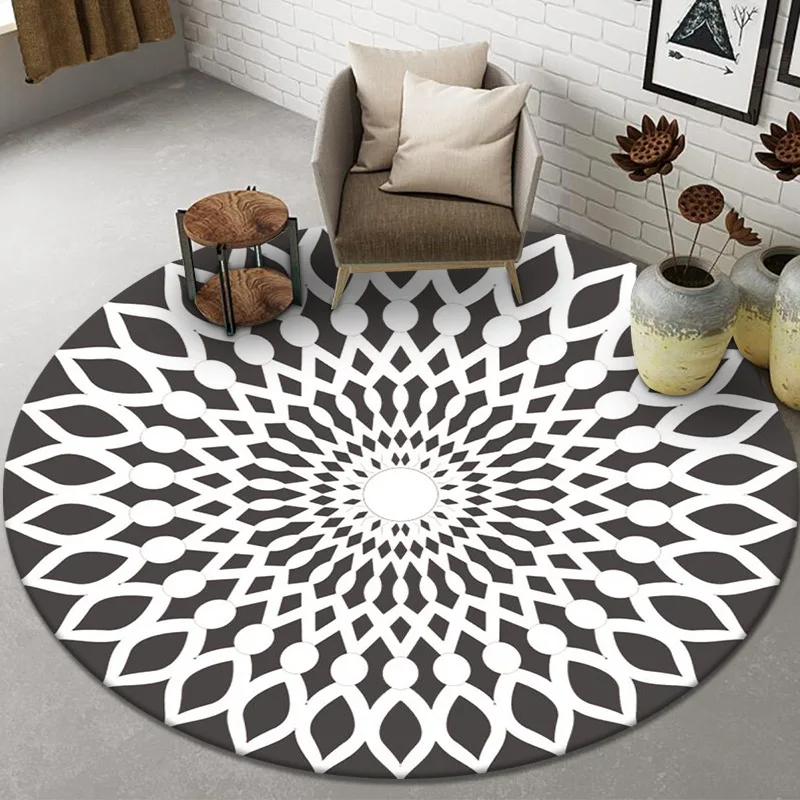 European Style Circular Carpet Black White Geometric Patterns Anti Slip Pad Versatile Living Room Bedroom Rug Home Decoration