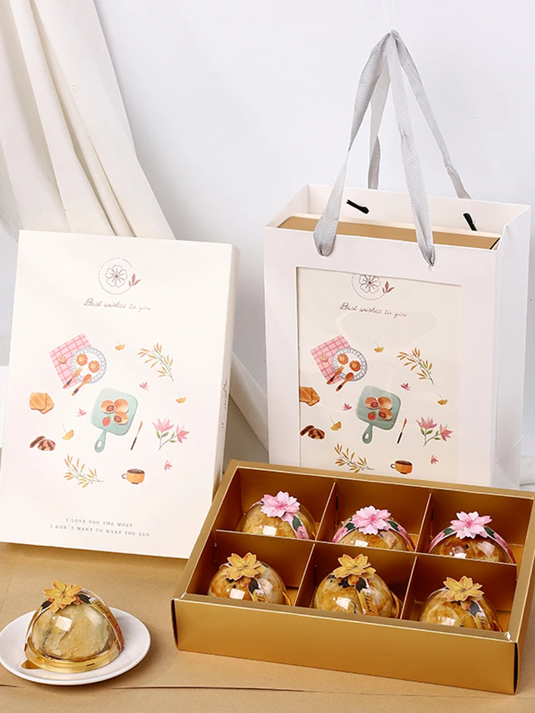 

Hand-Painted Baking 6-Piece een Bean Cake Mid-Autumn Mooncake Paaging Box Handheld Bag Gift Box Simple West Small Pastry Box