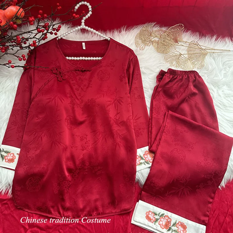 Chinese Style Pajamas Set Female Homewear Vintage Button Down Sleepwear Long Sleeve Shirt&pants 2Pcs Trousers Suit Loungewear