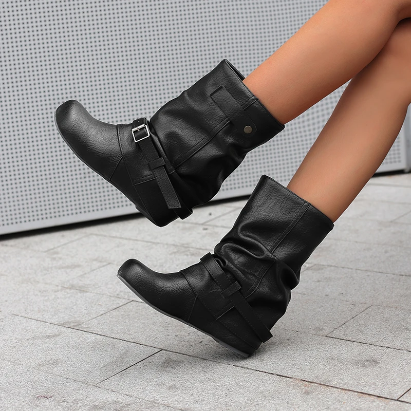 Kcenid المرأة جولة تو الانزلاق على منتصف العجل الأحذية مشبك الموضة مريحة الارتفاع زيادة حذاء من الجلد للنساء حجم 34-50 #5