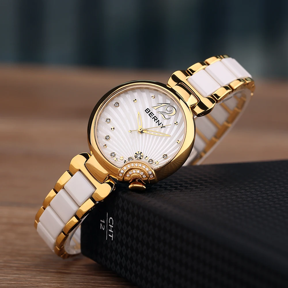 BERNY Lady Quartz Watch Woman Ceramic Bracelet Butterfly Buckle Waterproof Stainless Steel Watches Fashion Relogio Feminino Gift