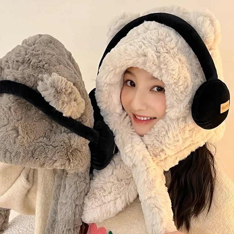 Plush Bear With Headphone Hat Hooded Cap Set 2 in 1 Winter Warm Plush Fleece Scarf Windproof Outdoor Cosplay Accessories