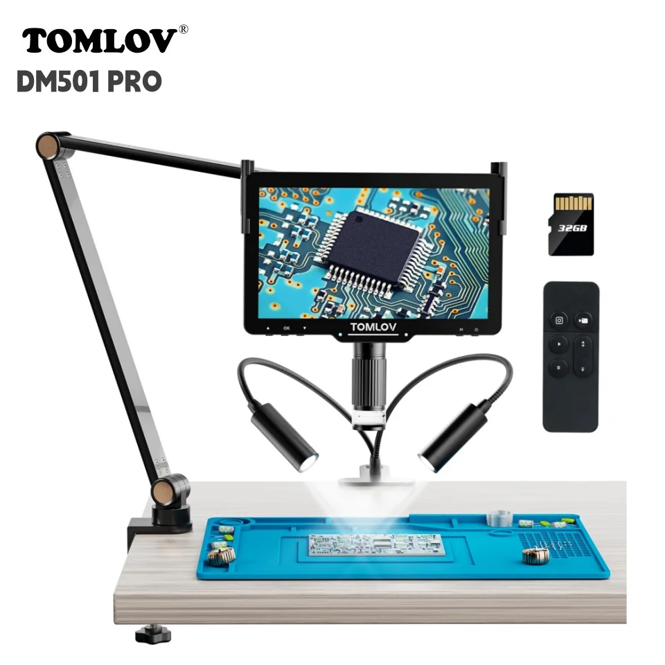Tomlov Microscópio Digital Hdmi 2000x Dm501pro Braço Flexível 2k 10.1 Microscópios Eletrônicos para Solda 32g Câmera Microscópio