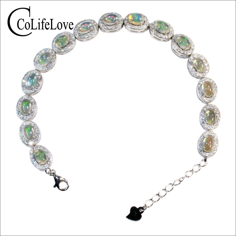 Classic Silver Opal Bracelet 7.5ct 15pcs Natural Opal Gemstone Bracelet Solid 925 Sterling Silver Bracelet Luxury Gift for Girl