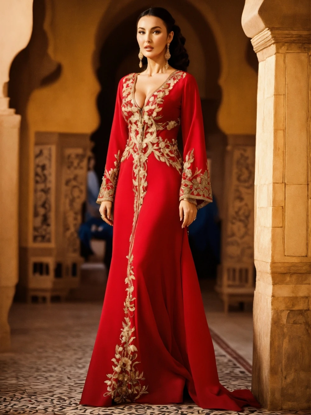 Caftan V-hals Avondjurk Feest Kaftan Jurk Lange mouw Elegant Goud Appliques Gekleed Vestids De Gala