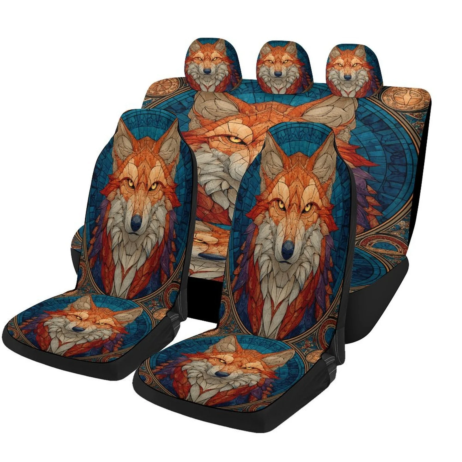 Wolf Mosaic Designed Car Seat Cover Set For Most Cars, Trendy Novelty High-quality Car Seat Protector Covers Full Set, Universal