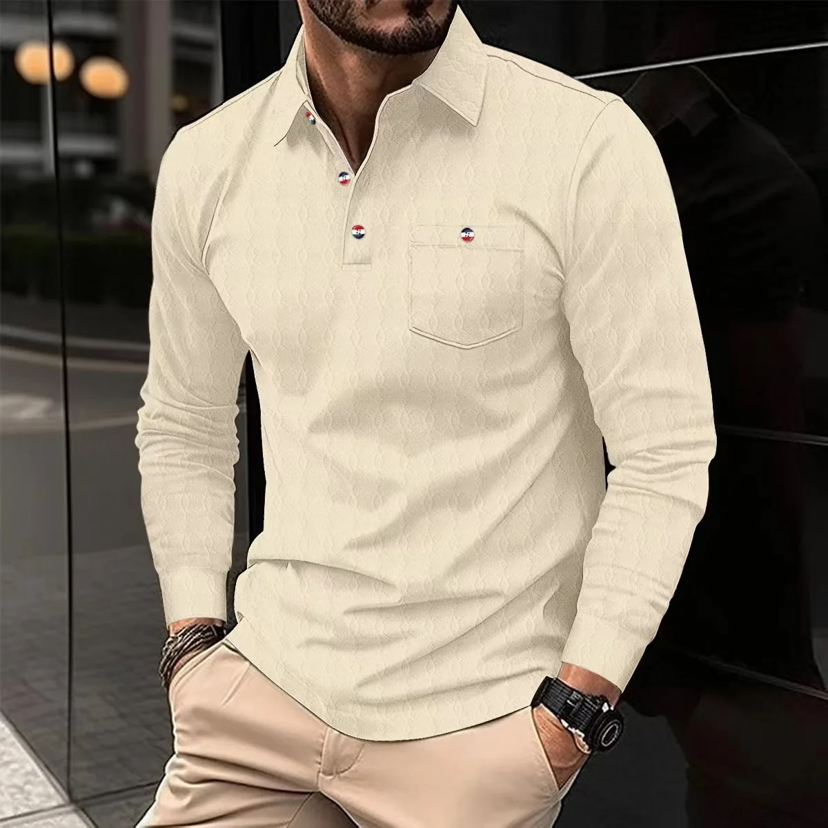 

Men's Spring Polo Long Sleeve Pocket T-shirt Casual Business Button-up T-shirt Fashion Polo Shirt Men's Clothing European Plus