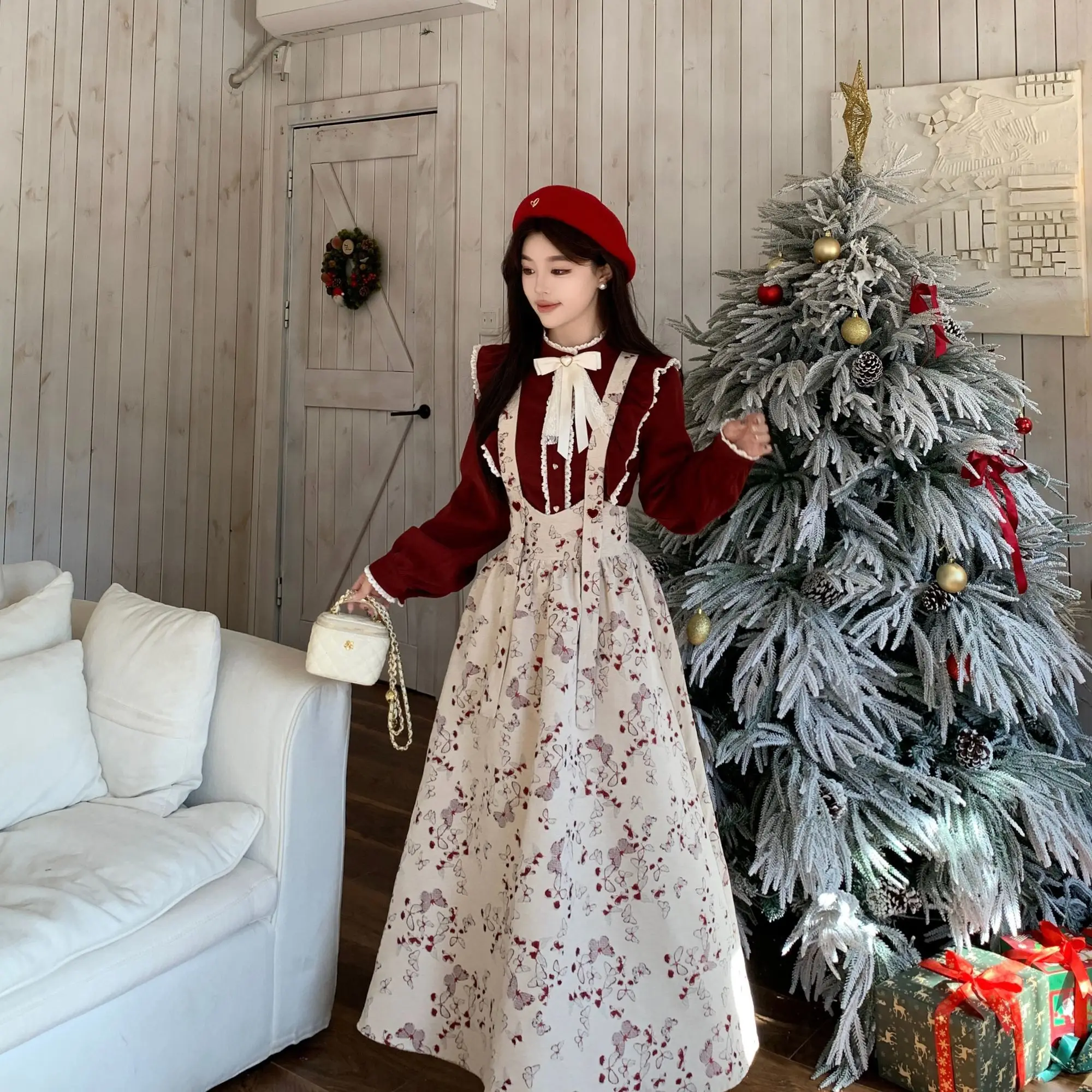MAGOGO Autumn Winter Elegant Skirt Sets Retro Waist-closing Strap Long Skirt Wine Red Bow Shirt Plus Size 2Pcs Banquet Outfit
