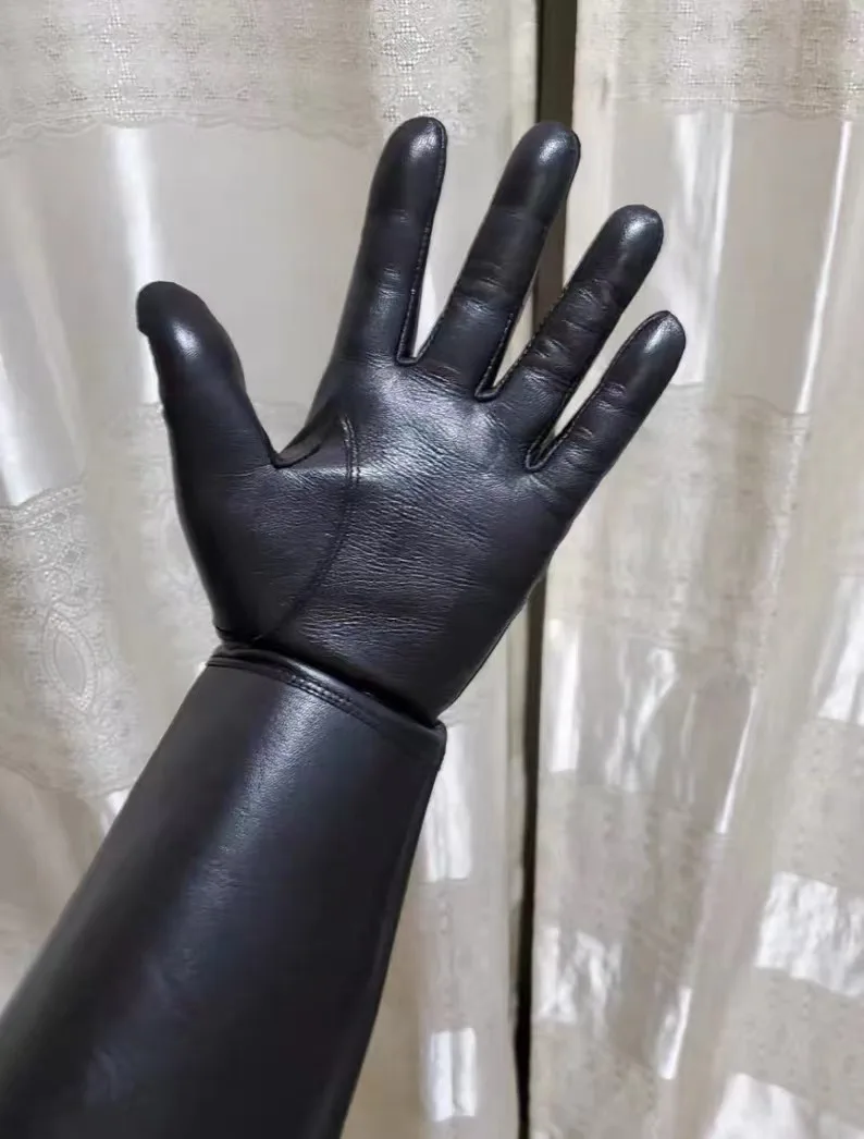 35CM Mens Leather gloves Touch Screen Double Cuff Luxury Unlined Genuine Leather Tight Long Driving Riding Moto Gloves