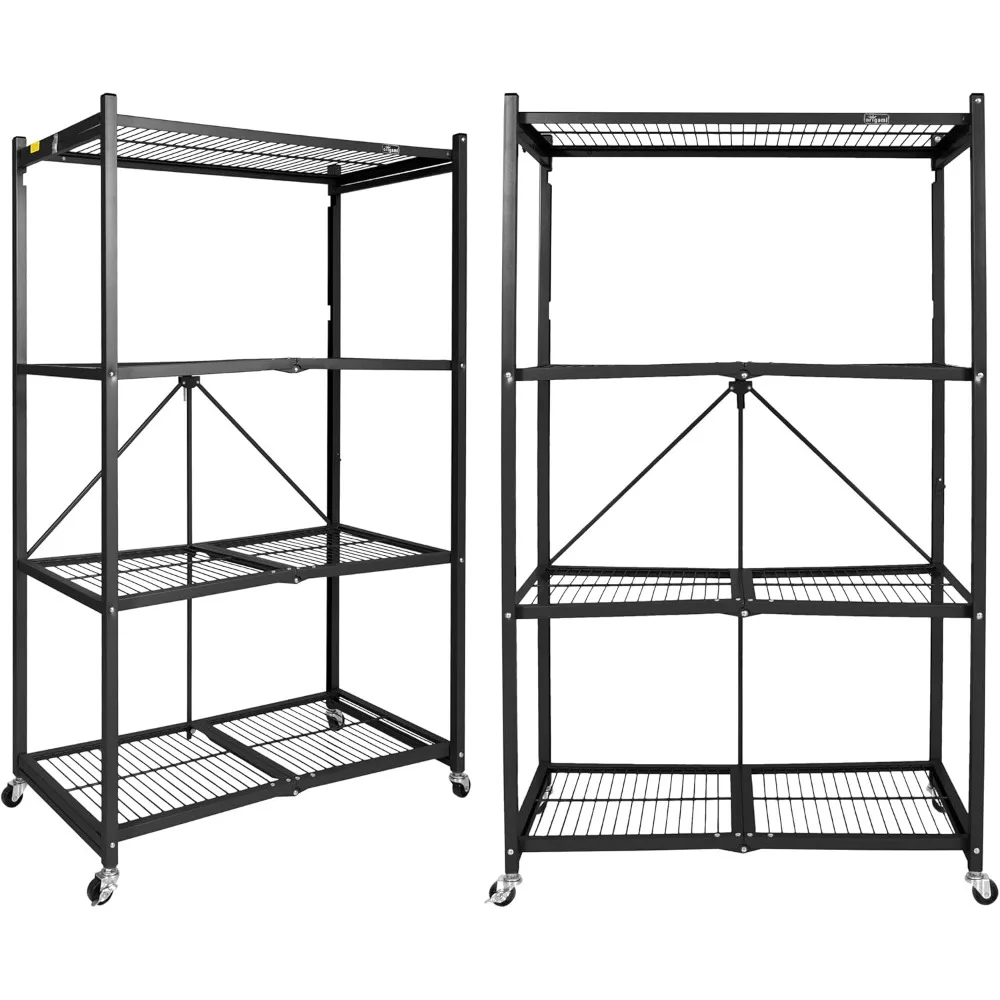 4 Tier Foldable Heavy Duty Metal Garage Storage Shelf Rack with Wheels and Powder Coated Steel for Organization