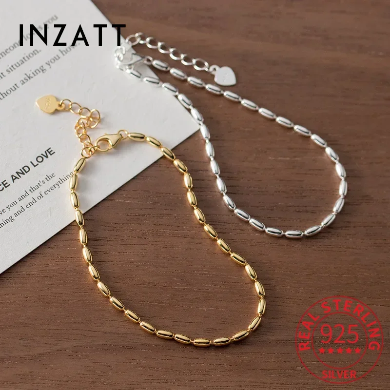 

INZATT Real 925 Sterling Silver 18k Rice Beads Chain Charm Bracelet for Women Trendy Fine Jewelry Minimalist Accessories