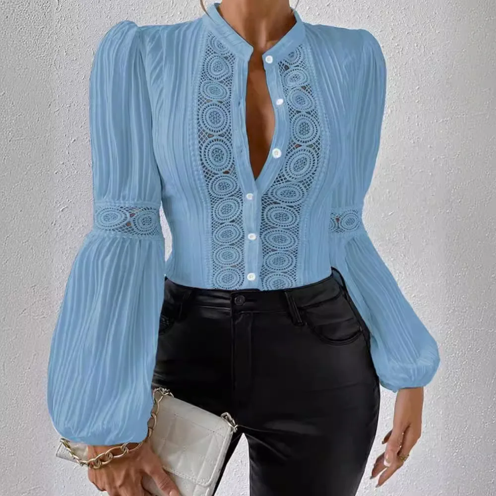 Autumn Women White Lace Shirt Top Fashion Patchwork Lantern Long Sleeves Elegant Office Ladies Blouses Buttons Female Shirt Tops