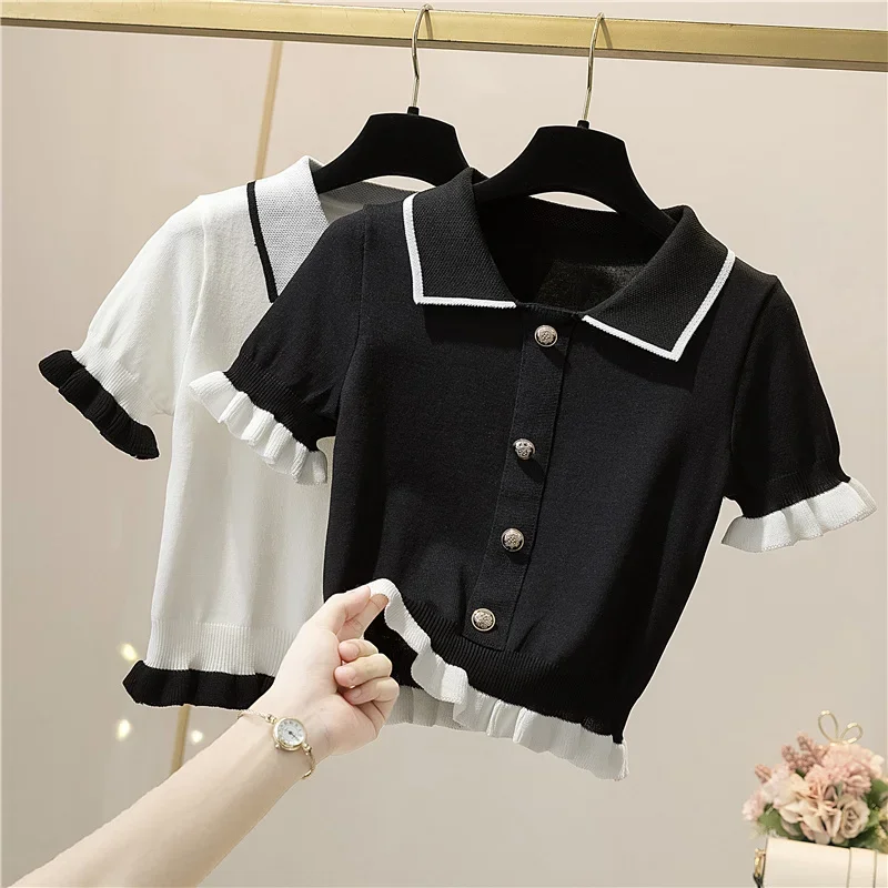 Knitting button short tops tees patchwork  shirt clothing women pullovers jumper striped sweater fungus blouse for girls