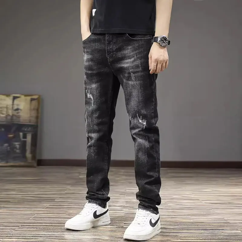 Jeans retrô com ajuste fino e elástico rasgado masculino, calça lápis, jeans casual, designer vintage, preta, cinza, moda de rua