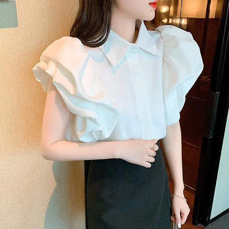 Ruffles Chiffon Shirts for Women Y2K Summer Fashion Elegant Puff Sleeve Buttons Tops Female Korean All Match Blouse New