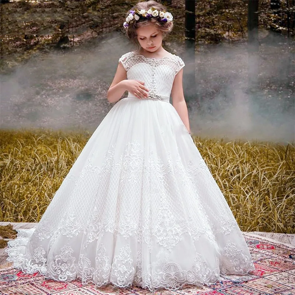 White Flower Girl Dress Tulle Lace Printing Grid Princess Angel abiti da prima comunione festa di nozze fantasia regalo di compleanno per bambini